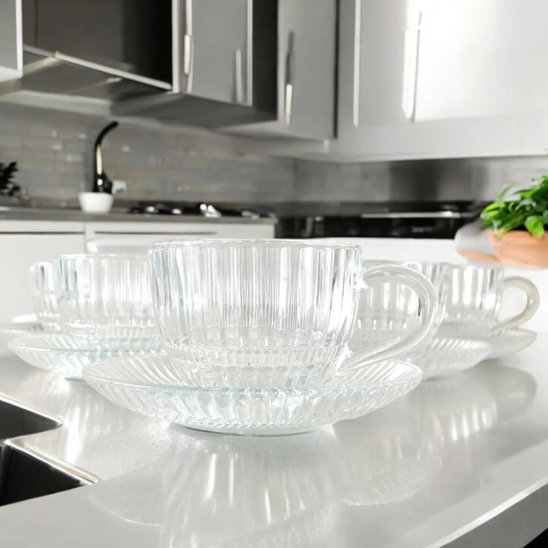 Set de 6 Tazas de Vidrio 240ml con Platillos - Deli Glass-6