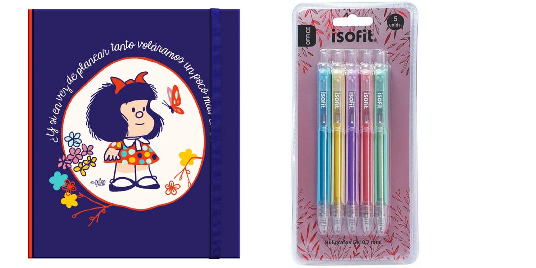 Libreta Lujo Cuaderno MAFALDA Super Azul + Lapices Gel(5)-0