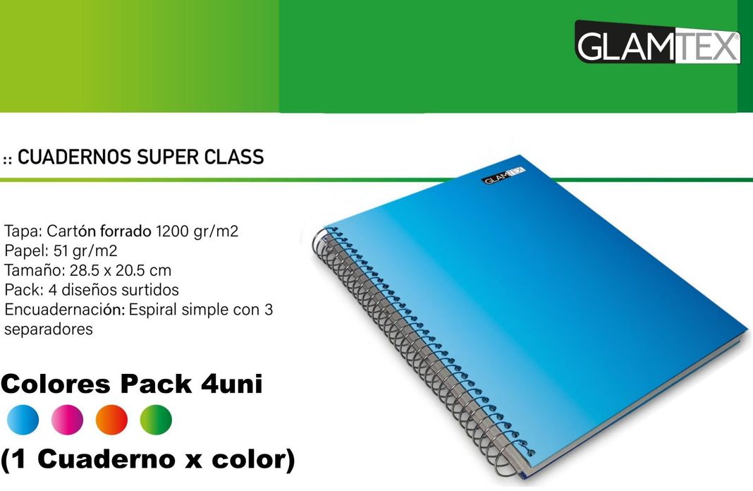 CUADERNO SUPER CLASS 120H 7MM 4UNI 3 MATERIAS COLORS GLAMTEX-1