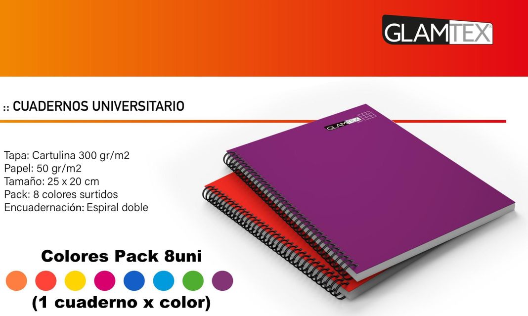 CUADERNO UNIVERSITARIO 100H MATEMATICA 5MM 8U COLORS GLAMTEX-2