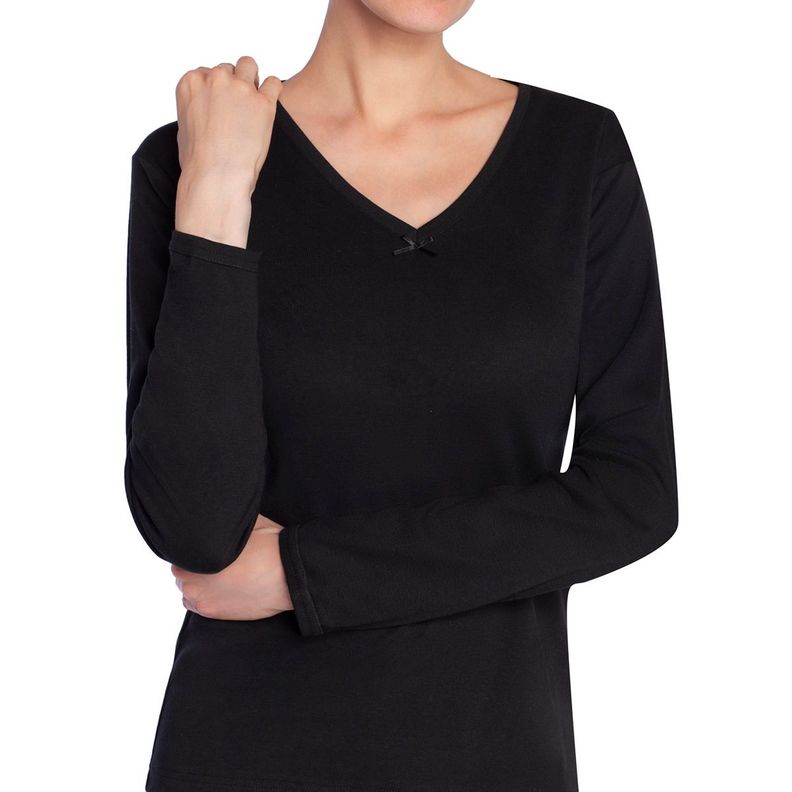 Camiseta Mujer Manga Larga Cuello "V" Algodón Negro-0