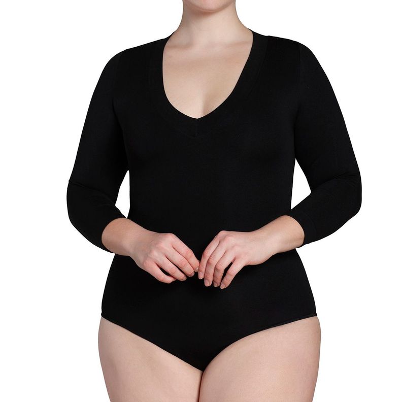 Body Manga 3/4 Escote "V" Negro-0