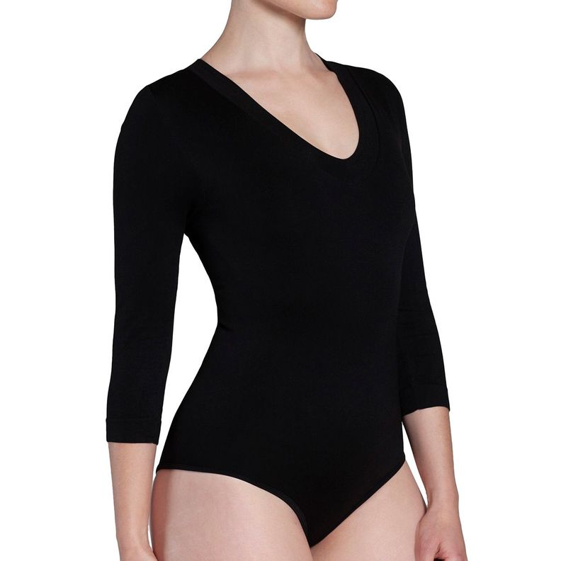 Body Manga 3/4 Escote "V" Negro-2