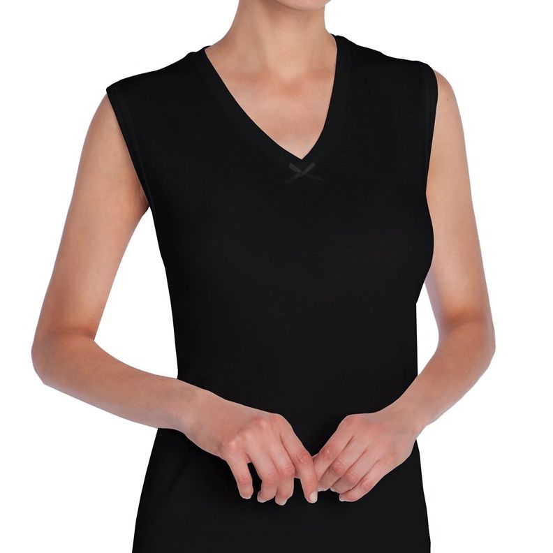 Camiseta Mujer Sin Mangas Cuello "V" Algodón Negro-3
