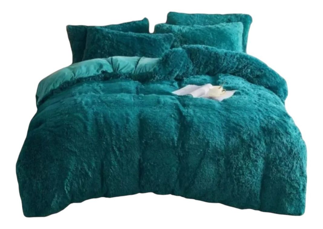 cubrecama de invierno con chiporro peludo turquesa 2 plazas-1