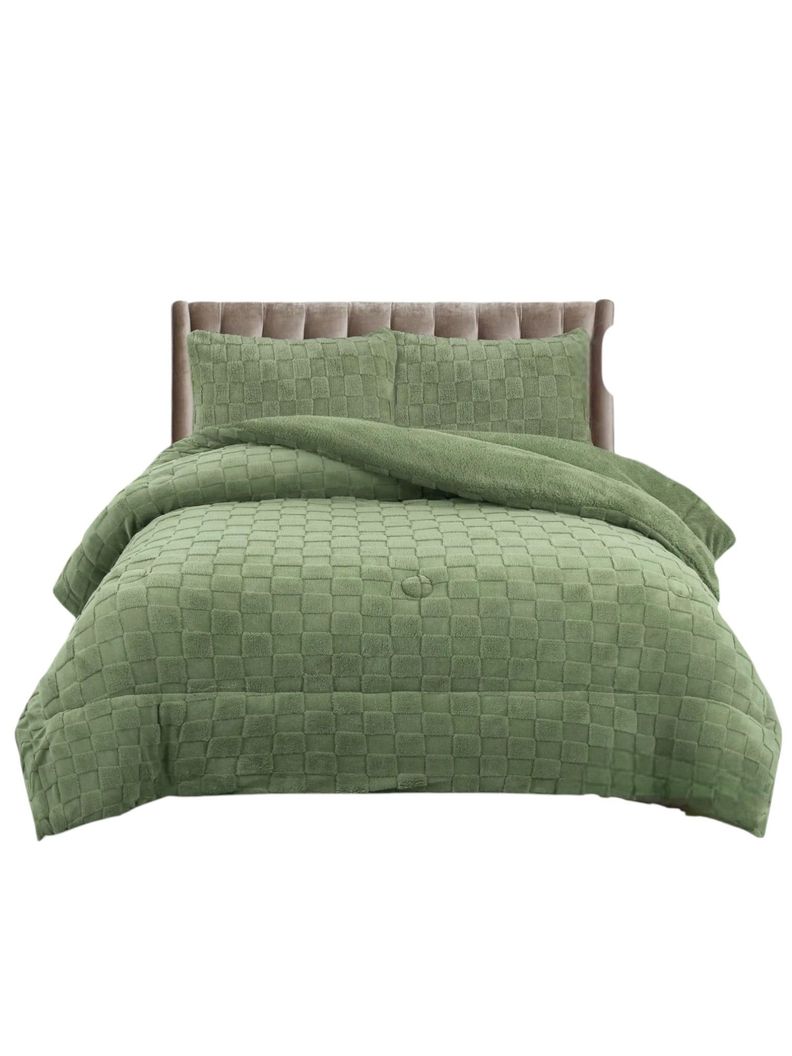 Plumón de invierno texturizado diseño cuadros con chiporro King color verde-0