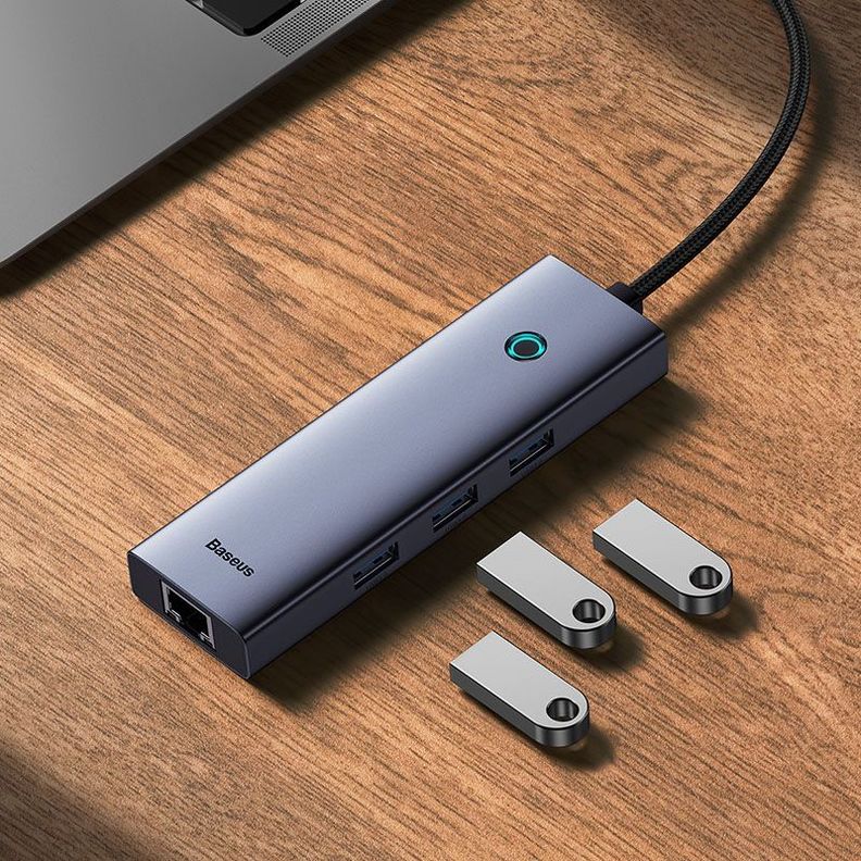 Adaptador HUB 4 en 1 USB-C  a 3 puertos USB 3.0 + Ethernet RJ45 - Baseus UltraJoy Series - Gris espa-1