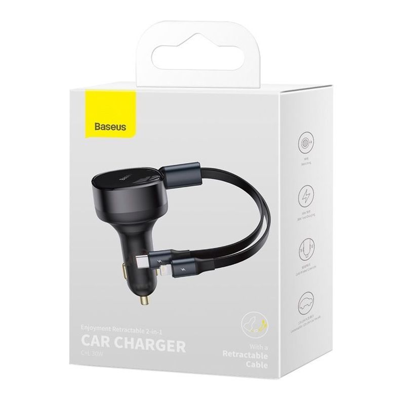 Cargador Rápido para Auto Baseus 2 en 1  USB C y Lightning 30W Negro-6