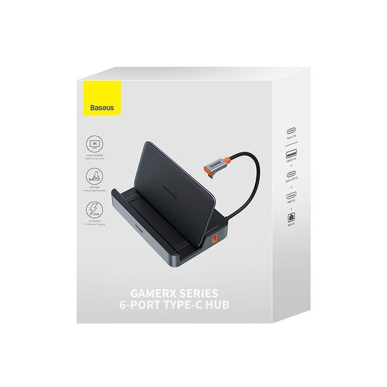 Adaptador HUB 6 en 1 Tipo C: HDMI, USB 3.0 x3, PD, RJ45 - Baseus GamerX - Gris-6