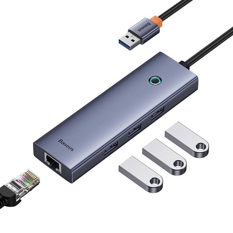 Adaptador HUB 4 en 1 USB a 3 puertos USB 3.0 + Ethernet RJ45 - Baseus UltraJoy Series - Gris espacia-0