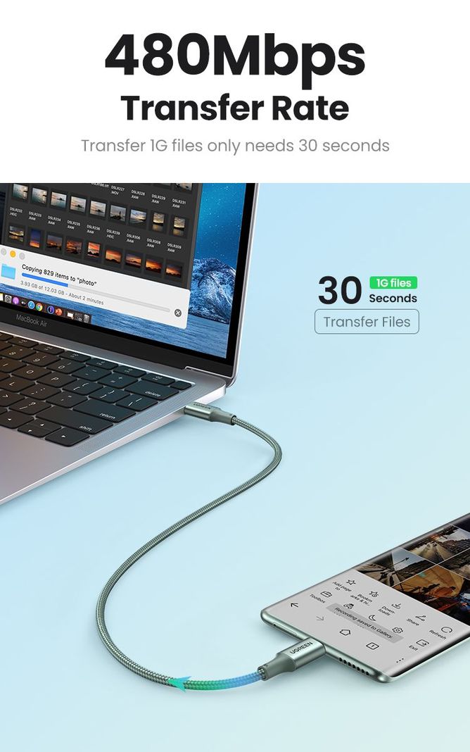 UGREEN Cable de datos USB-C 2.0 a USB- C 2.0 5A 3M Gris-3