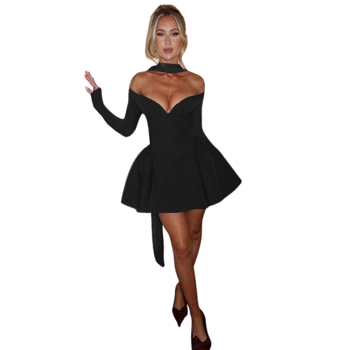 Vestido Coquette Mini con Escote Bardot Profundo Vinotinto-1