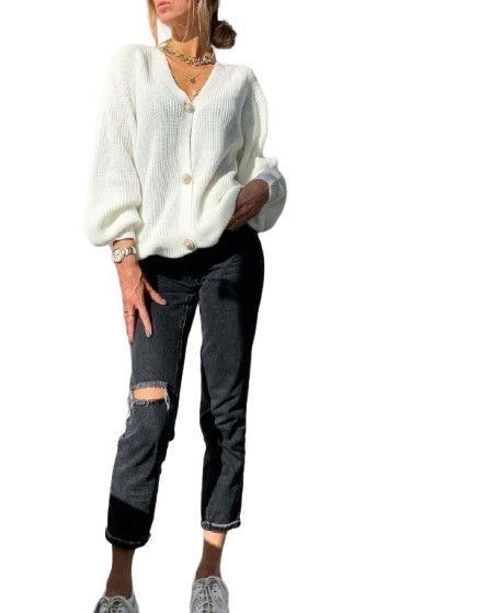 Sweater Florencia Manga Larga Cuello V Botones de Perlas  Blanco-1