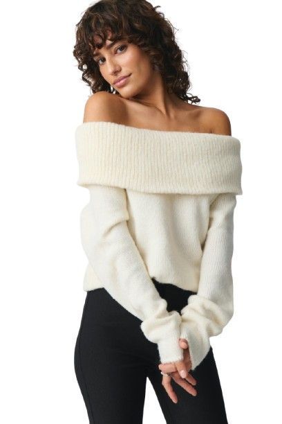 Sweater con Hombros Descubierto Beige -0