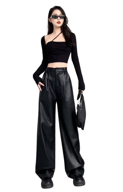 Pantalon Cuerina Tiro Alto Negro Con Plices -0