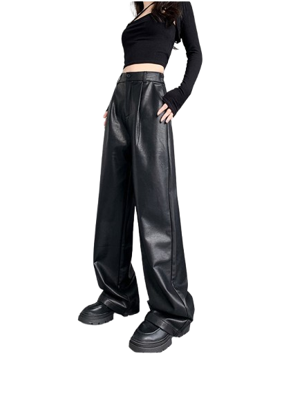 Pantalon Cuerina Tiro Alto Negro Con Plices -1