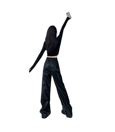 Pantalon Cuerina Tiro Alto Negro Con Plices -2