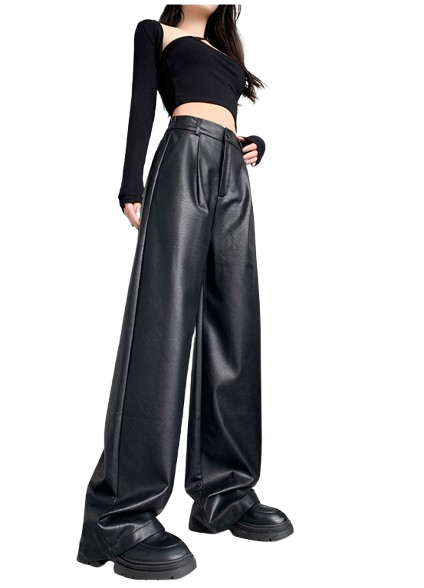 Pantalon Cuerina Tiro Alto Negro Con Plices -3