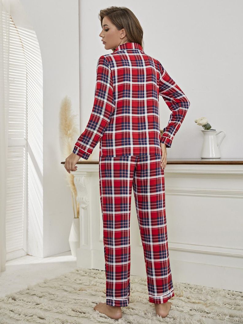 Conjunto Largo Pijama Cuadros Rojos & Azul-3