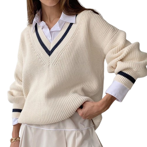 Sweater Cuello Pico Contraste Beige-2