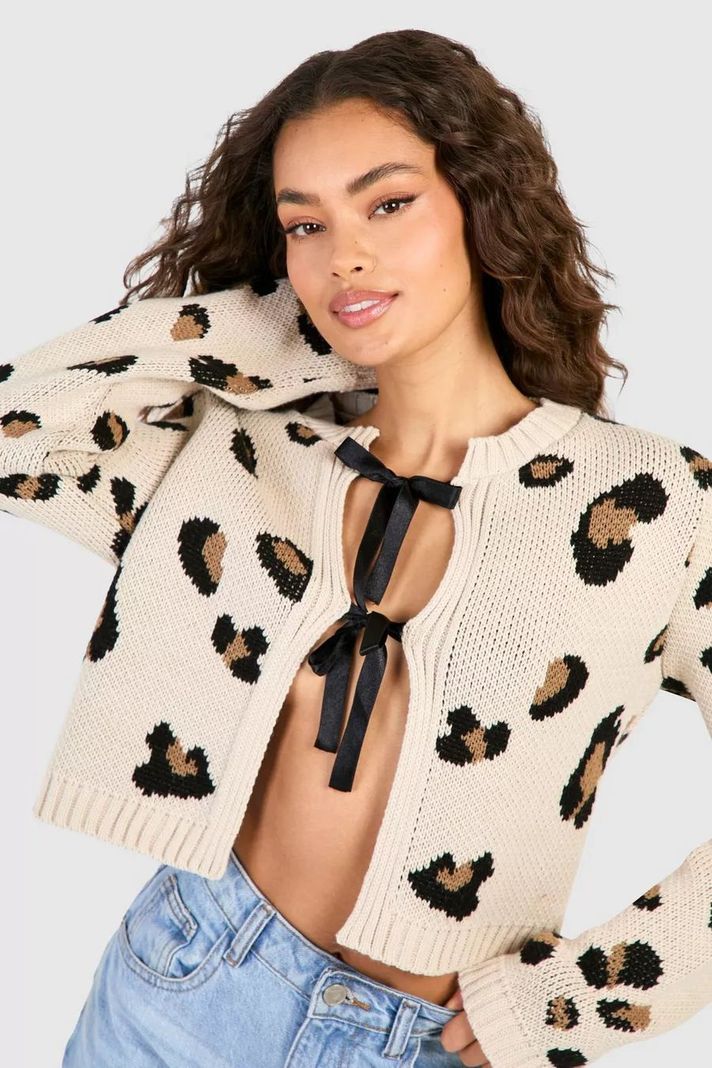 Cárdigan Alida Lazo Delantero Estampado Leopardo Manga Larga-0