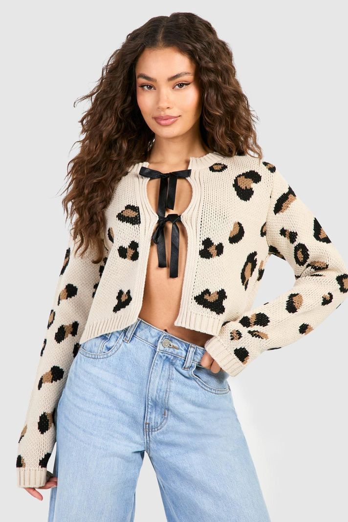 Cárdigan Alida Lazo Delantero Estampado Leopardo Manga Larga-2