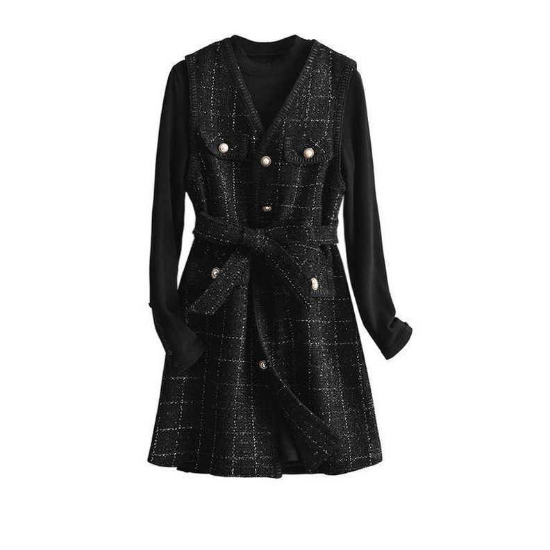  Vestido Tweed con Botones de Cuello V sin camisa Negro-0