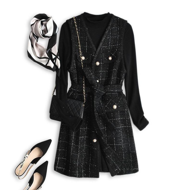  Vestido Tweed con Botones de Cuello V sin camisa Negro-1