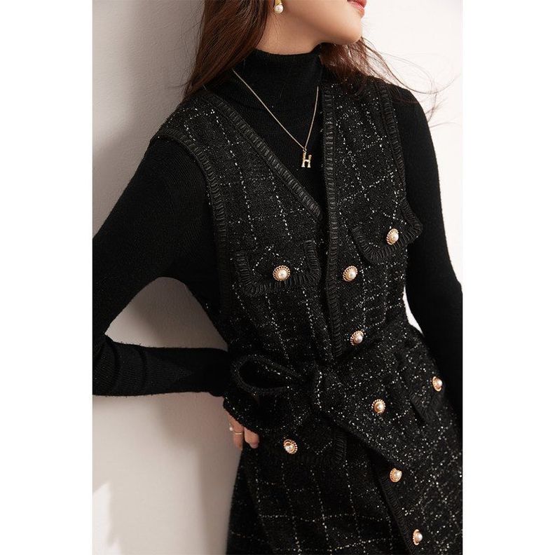  Vestido Tweed con Botones de Cuello V sin camisa Negro-4