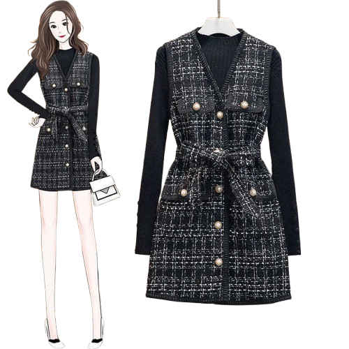  Vestido Tweed con Botones de Cuello V sin camisa Negro-5