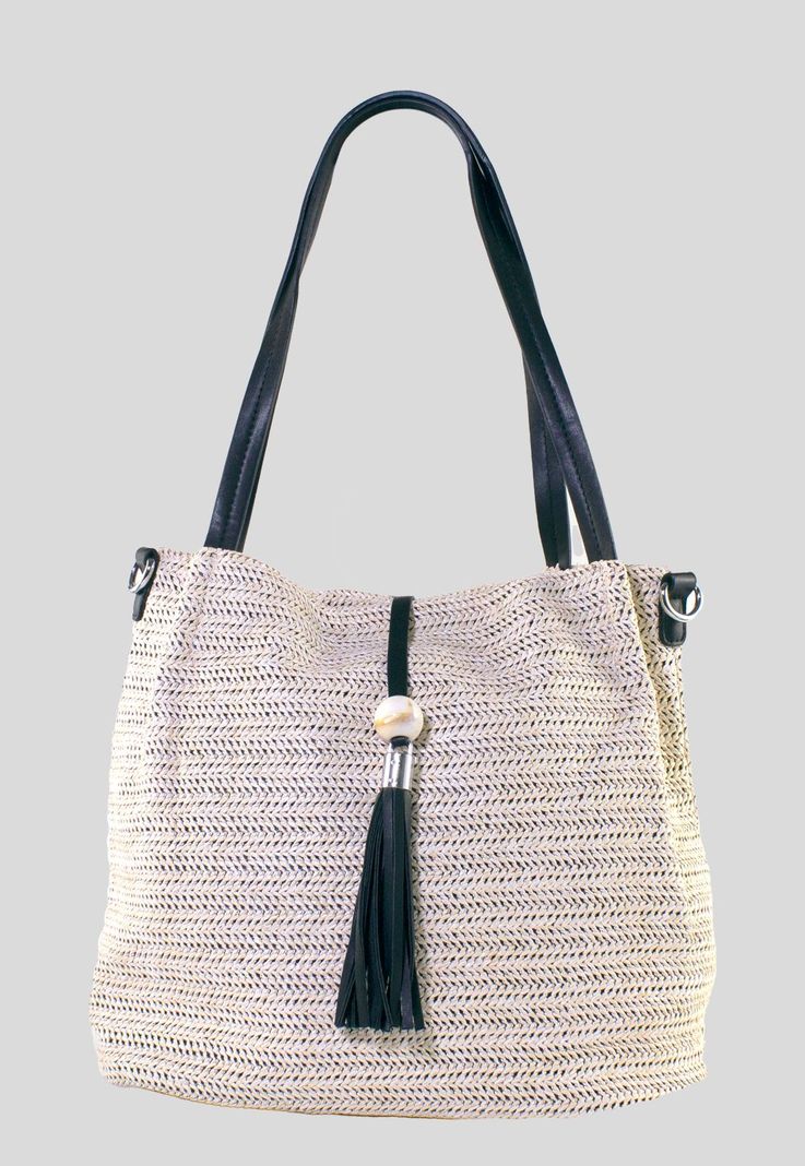 Cartera Rafia Doble Manilla Beige Negro-0