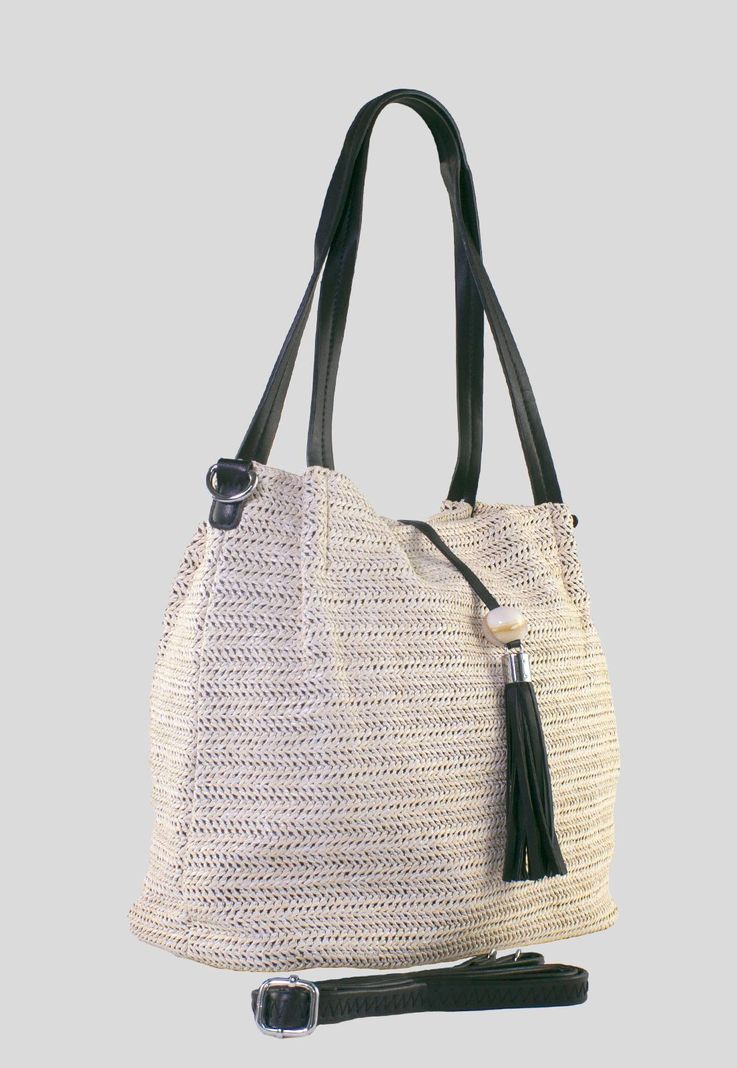 Cartera Rafia Doble Manilla Beige Negro-1