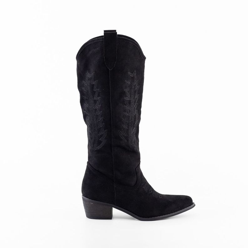 Bota Vaquera Gamuza Costura Hojas Mujer Negro Mailea-0