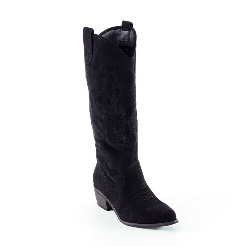 Bota Vaquera Gamuza Costura Hojas Mujer Negro Mailea-1