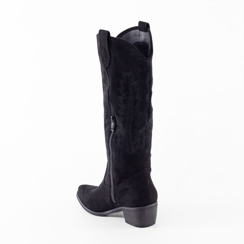 Bota Vaquera Gamuza Costura Hojas Mujer Negro Mailea-2
