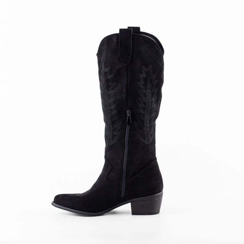 Bota Vaquera Gamuza Costura Hojas Mujer Negro Mailea-3