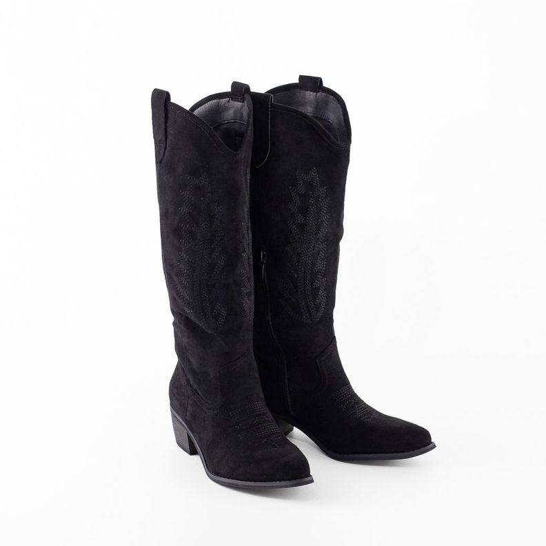 Bota Vaquera Gamuza Costura Hojas Mujer Negro Mailea-4