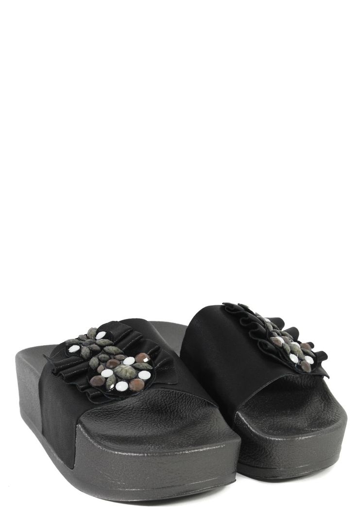 Sandalia Cuero Flor Piedras Negro-3