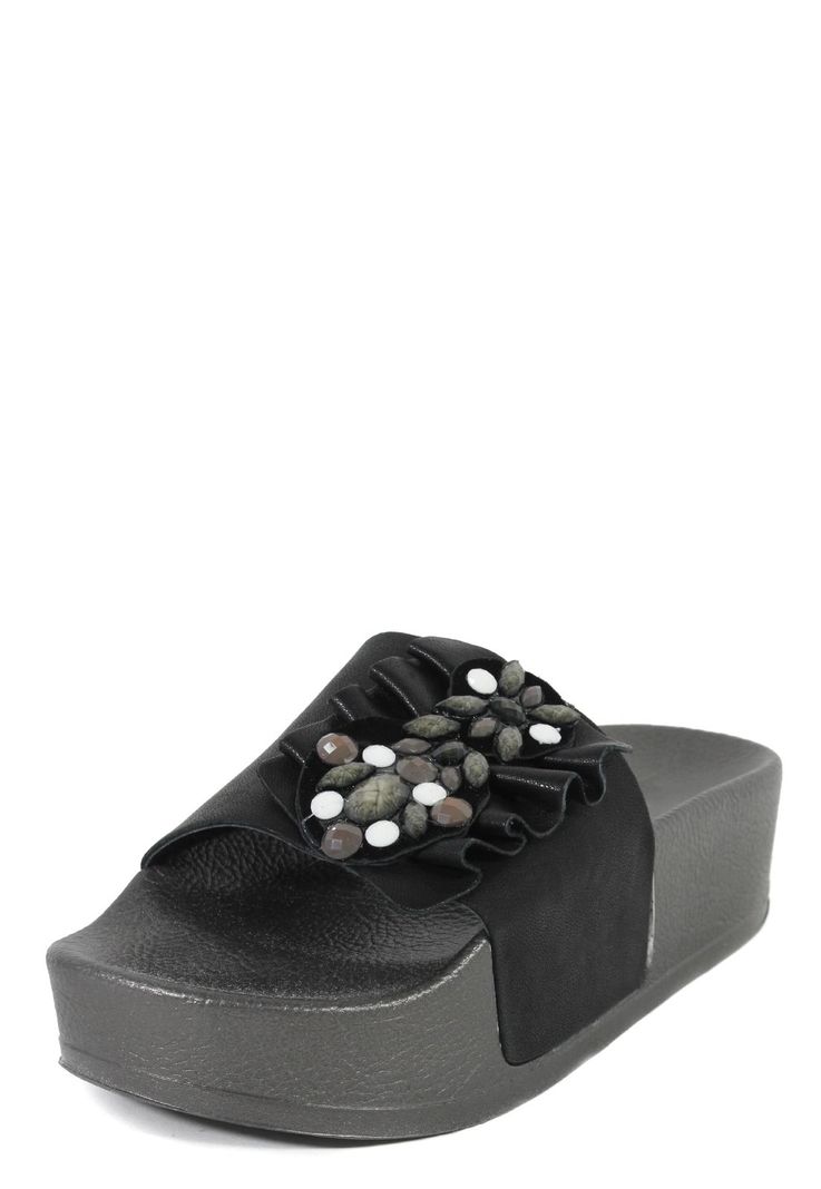 Sandalia Cuero Flor Piedras Negro-1