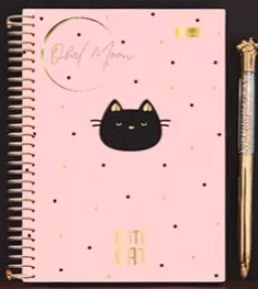 Libreta Pink & Black Y Lápiz Pasta Tinta Azul Diseño Gatito-1