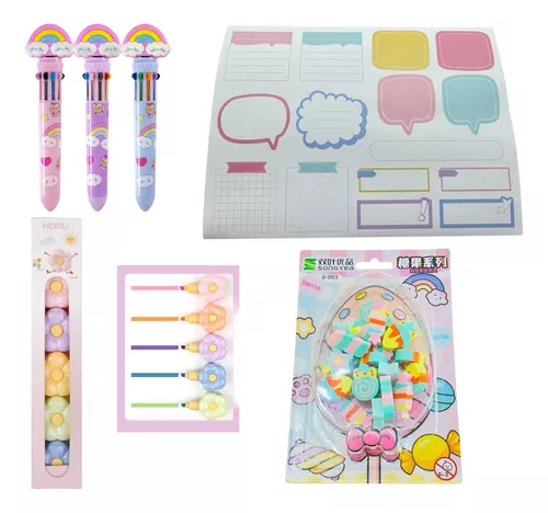 Set Papelería Escolar Kawaii Rosa Pastel, Escritorio/estuche-0