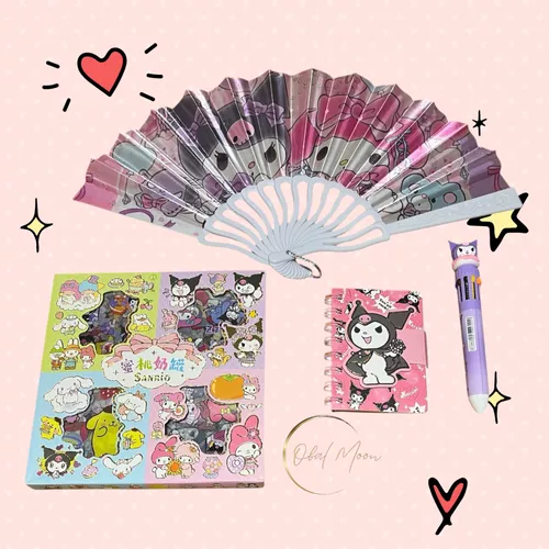 Set Kuromi Abanico, Mini Libreta, Lápiz 10 Colores, Stickers-1