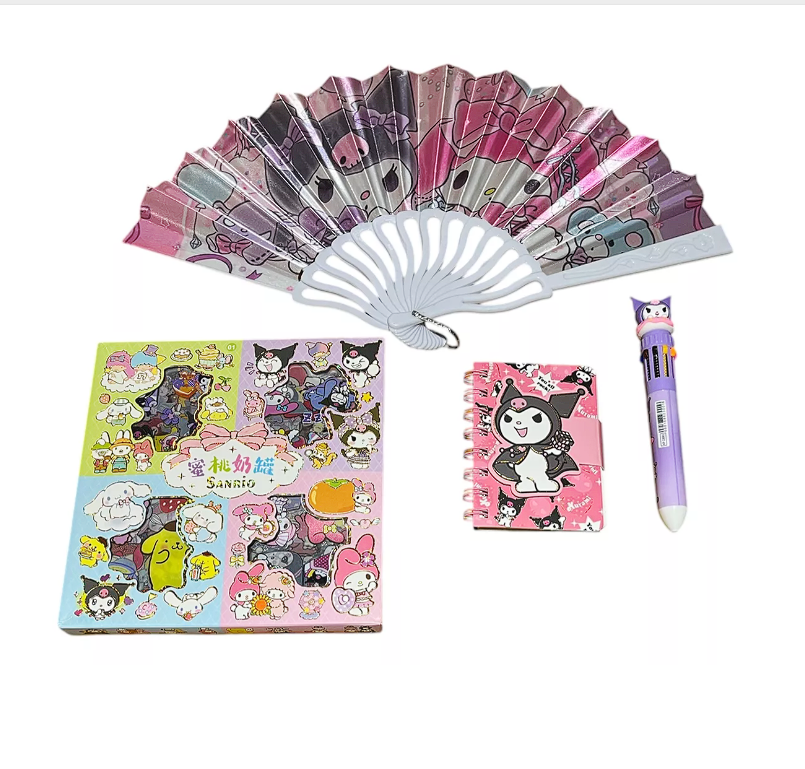 Set Kuromi Abanico, Mini Libreta, Lápiz 10 Colores, Stickers-0