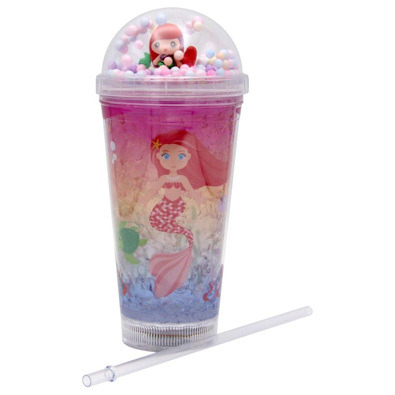 Vaso Con Bombilla Diseño Sirena Pelo Rojo Pelotitas y Luz Led Kawaii-1