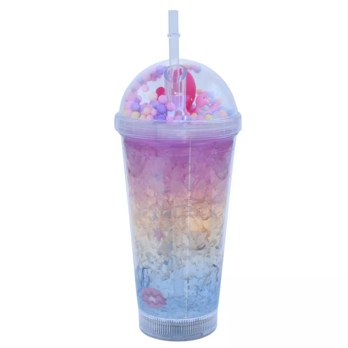 Vaso Con Bombilla Diseño Sirena Pelo Rosado Pelotitas y Luz Led Kawaii-1