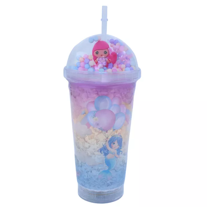 Vaso Con Bombilla Diseño Sirena Pelo Rosado Pelotitas y Luz Led Kawaii-0