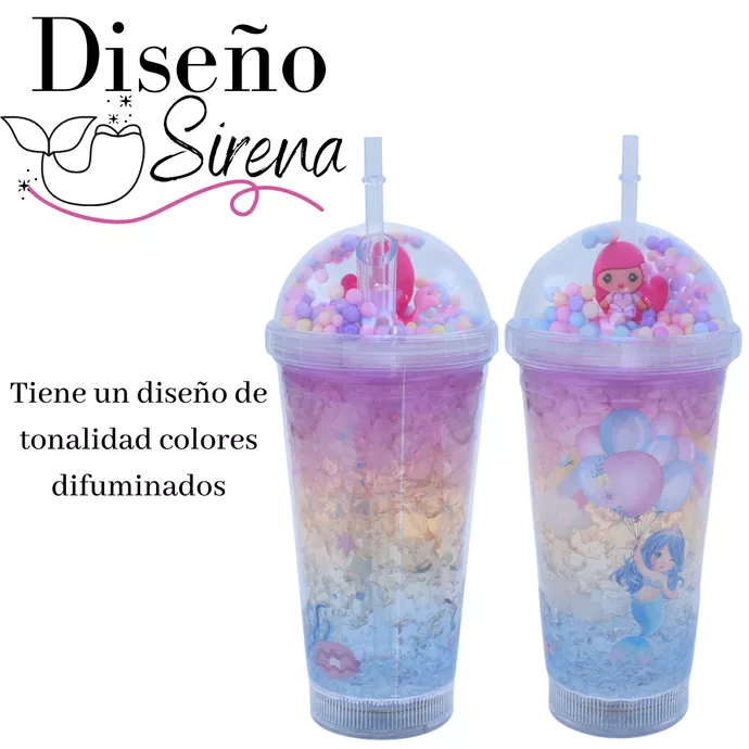 Vaso Con Bombilla Diseño Sirena Pelo Rosado Pelotitas y Luz Led Kawaii-2