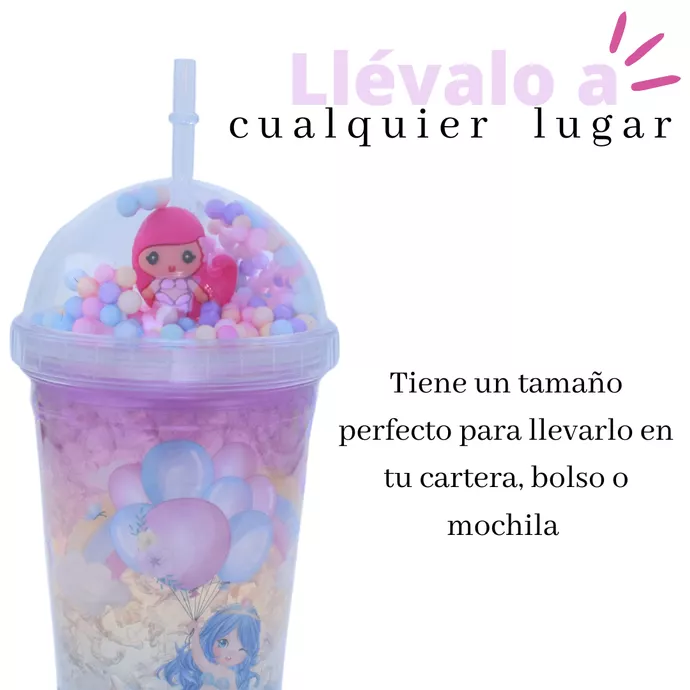 Vaso Con Bombilla Diseño Sirena Pelo Rosado Pelotitas y Luz Led Kawaii-5