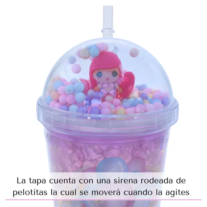 Vaso Con Bombilla Diseño Sirena Pelo Rosado Pelotitas y Luz Led Kawaii-3