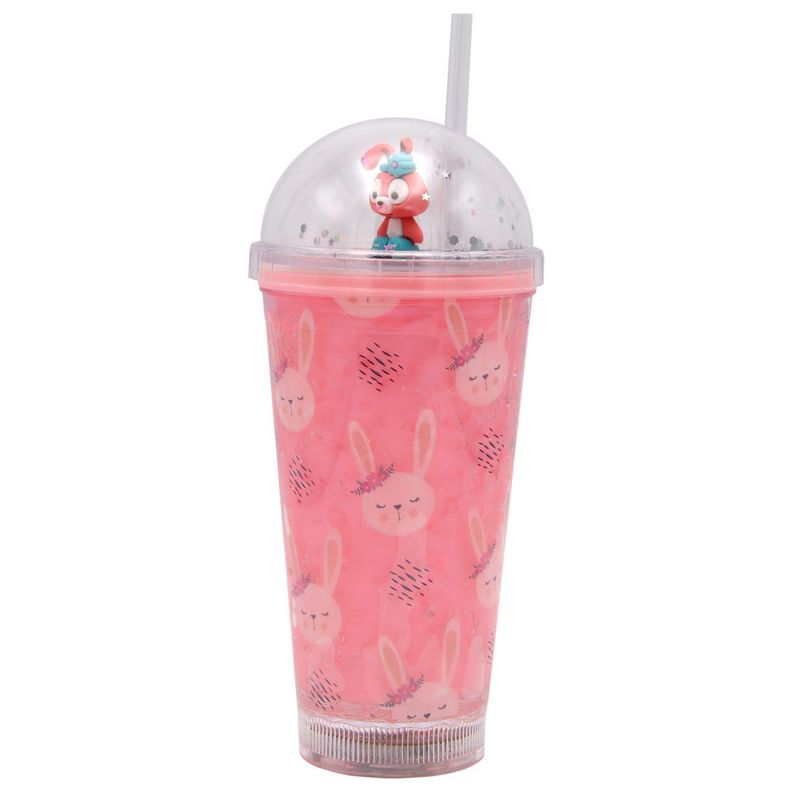 Vaso Rosado Conejo Rosado con Glitter y Bombilla Kawaii-1